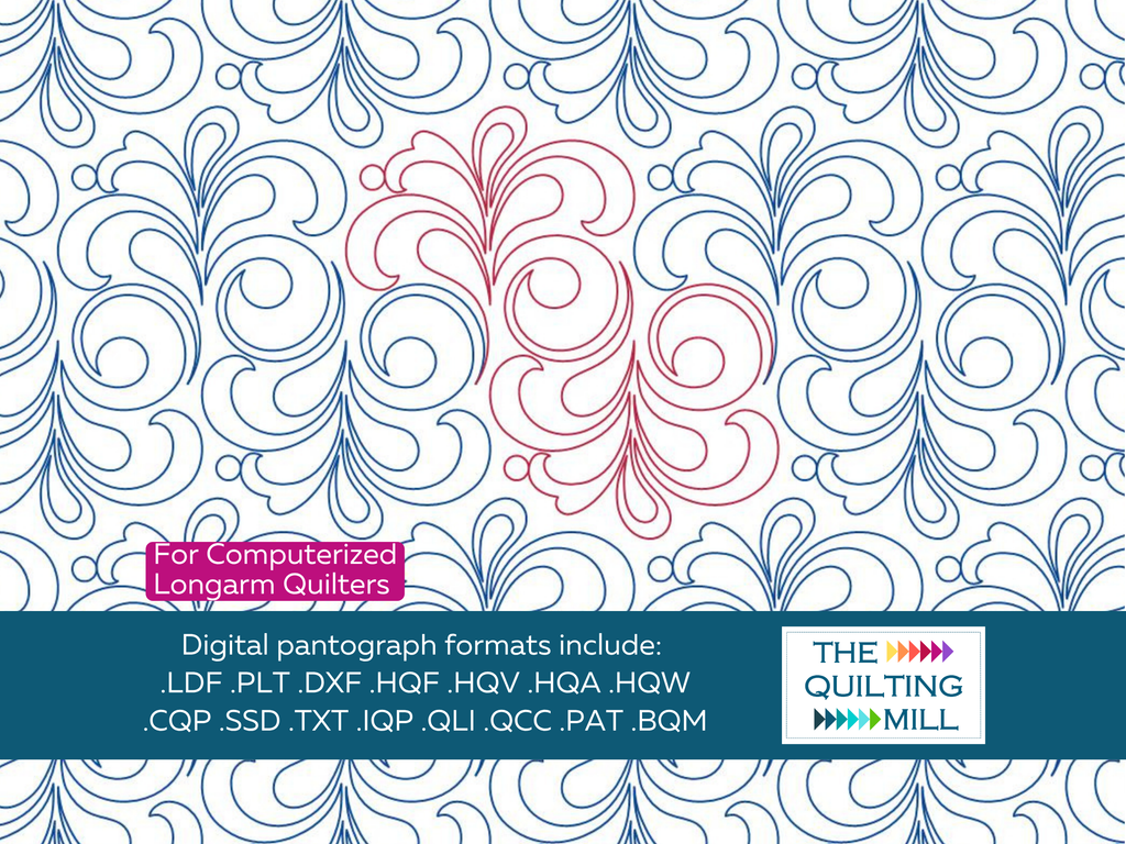 Pemberley feather quilting pantograph pattern repeat with The Quilting Mill logo