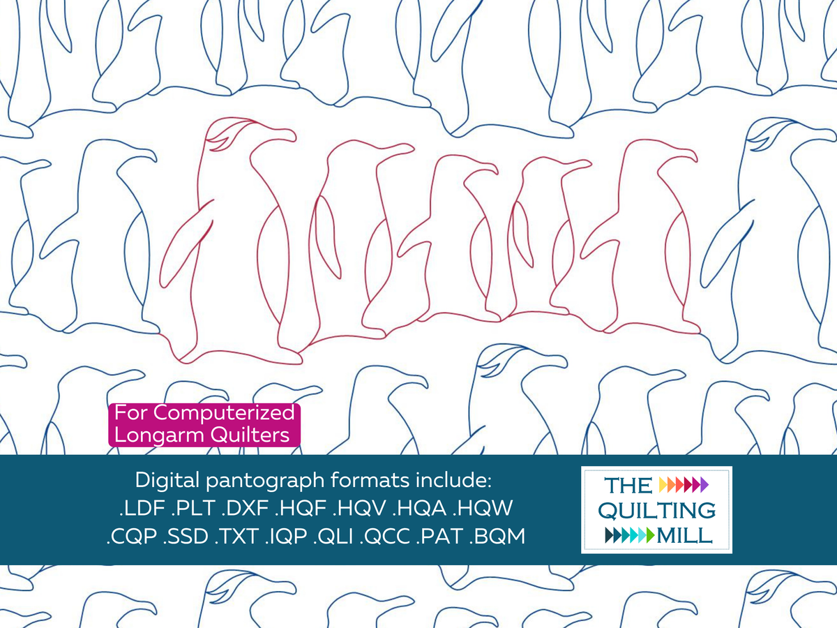 Penguin Panache pantograph quilting pattern repeat with The Quilting Mill logo showing rows of penguins