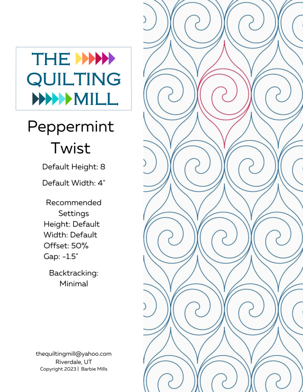 Peppermint Twist Christmas pantograph product info sheet – candy cane swirl holiday longarm quilting design specs and file formats