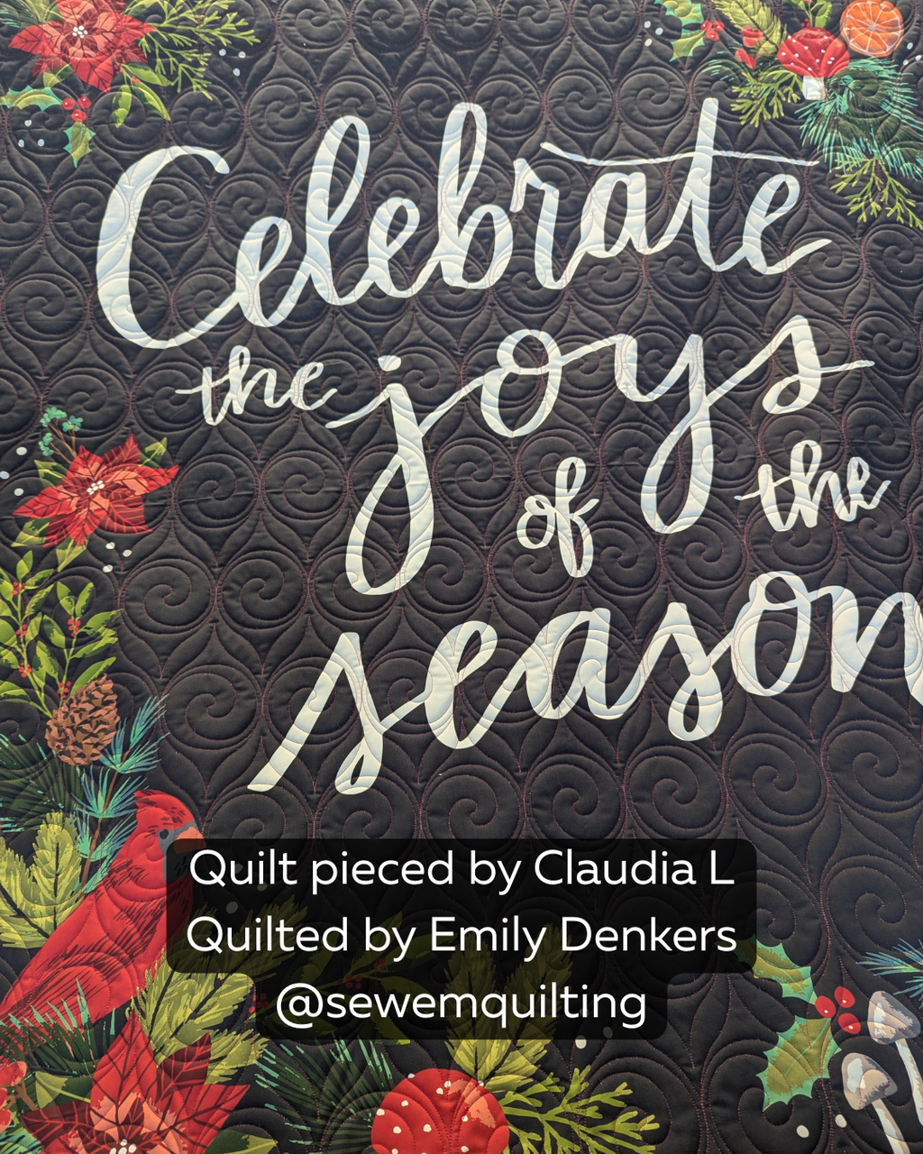 Close-up of a completed holiday quilt showcasing the Peppermint Twist easy Christmas quilting design on a black background