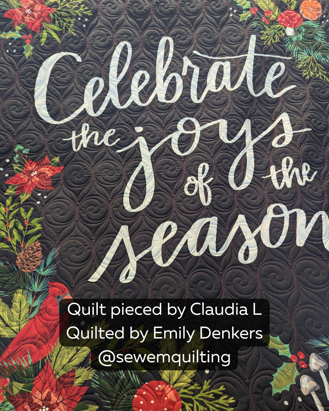Close-up of a completed holiday quilt showcasing the Peppermint Twist easy Christmas quilting design on a black background