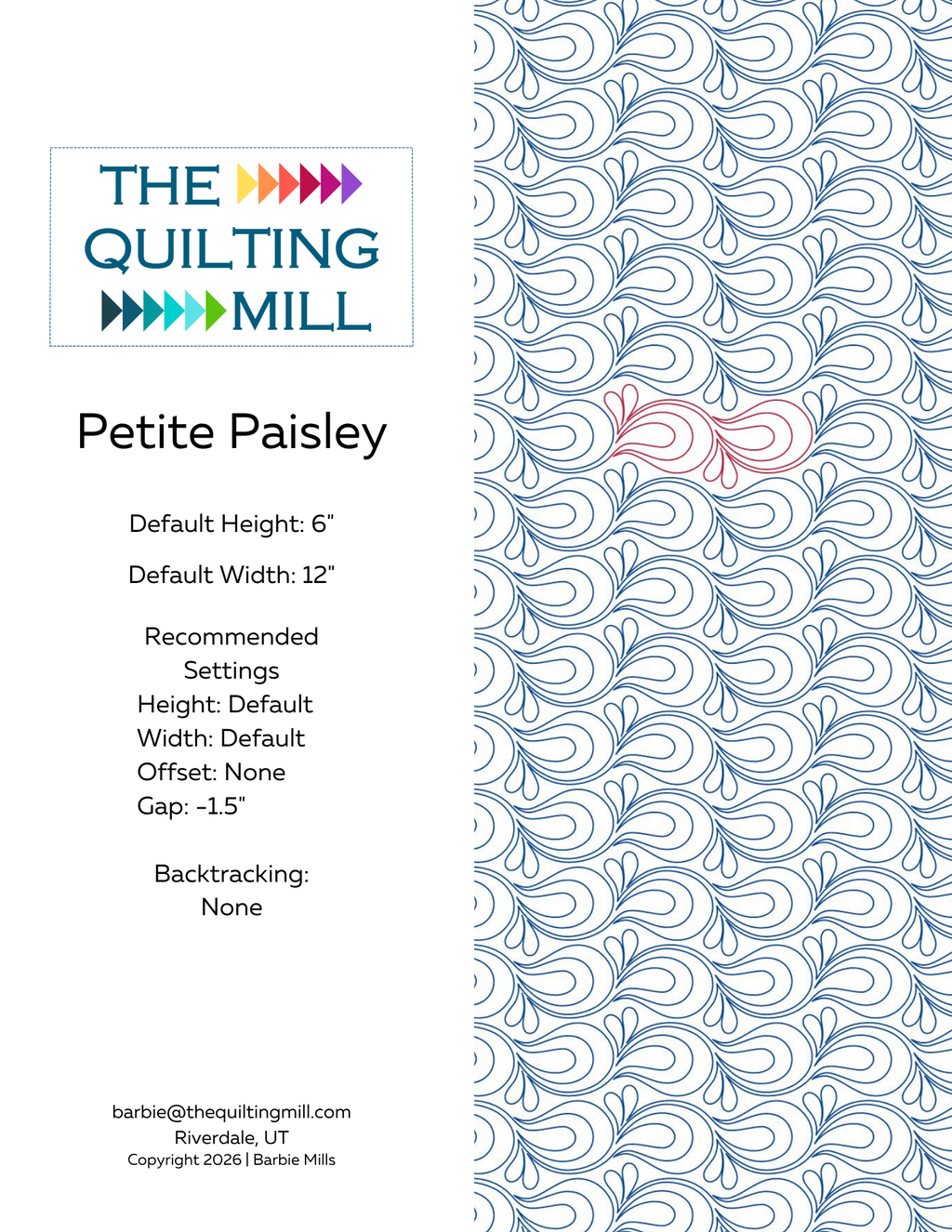 Petite Paisley pantograph specifications showing 6 inch height, 12 inch width, negative 1.5 inch gap, and no backtracking