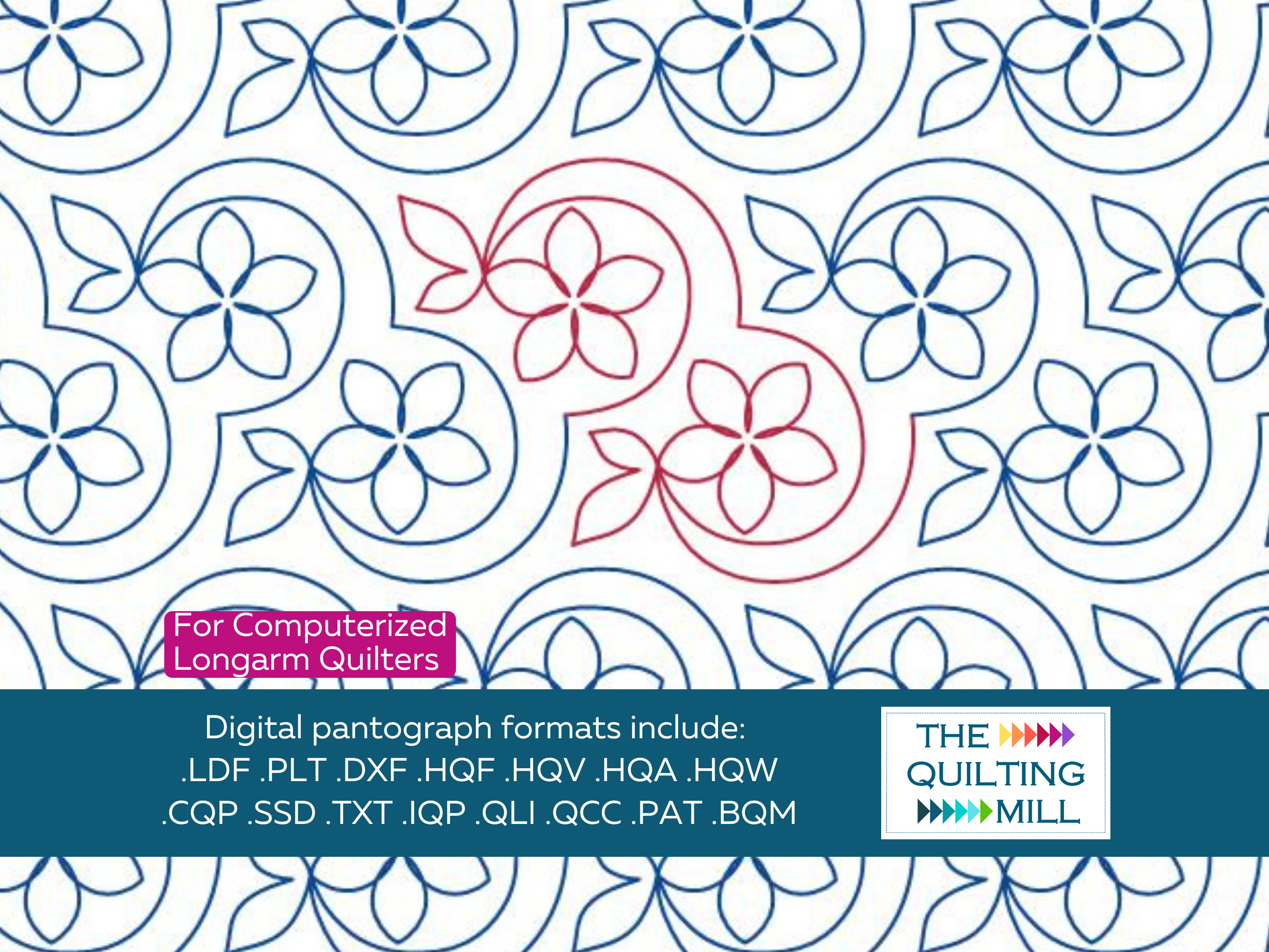 Pixie Bloom whimsical floral quilting design by The Quilting Mill – swirly petal digital longarm pantograph for spring quilts