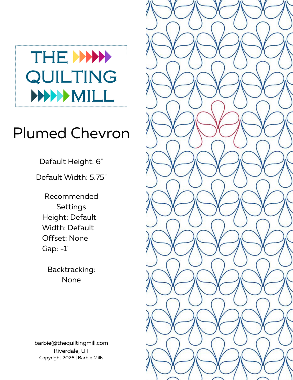 Plumed Chevron pantograph specification sheet showing default height, width, and recommended gap