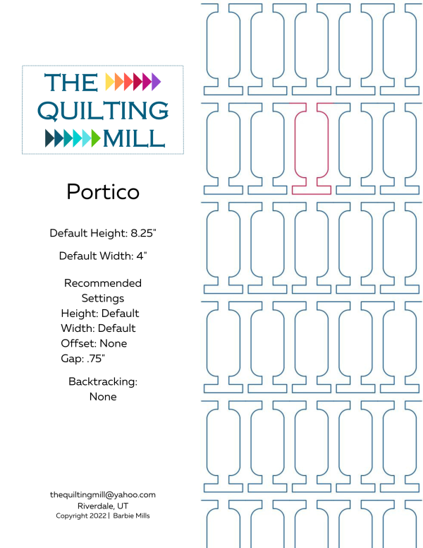 Portico architectural digital pantograph info sheet with file formats and specifications for digital pantographs and longarm quilting machines