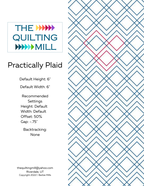 Practically Plaid digital pantograph product info sheet with quilting specifications for longarm quilting machines