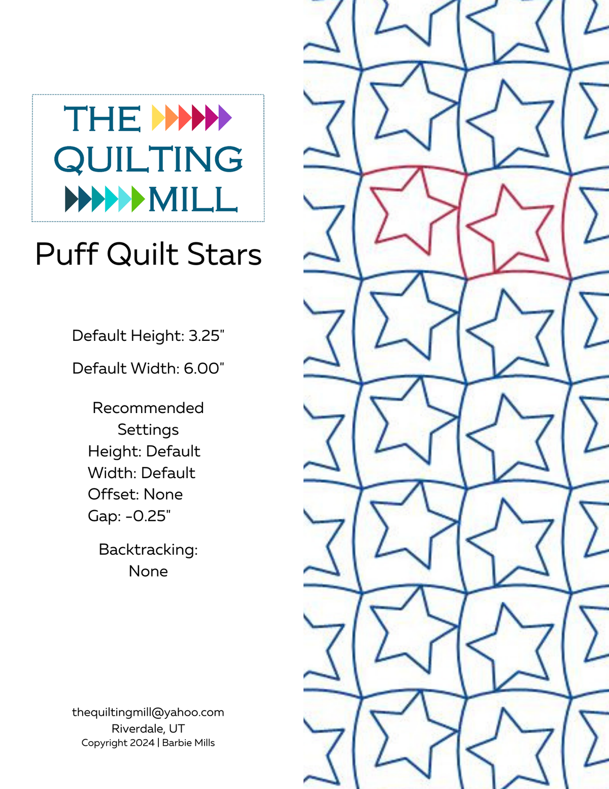 Puff Quilt Stars kids quilting pantograph info sheet listing default height, width, gap, and stitching specifications