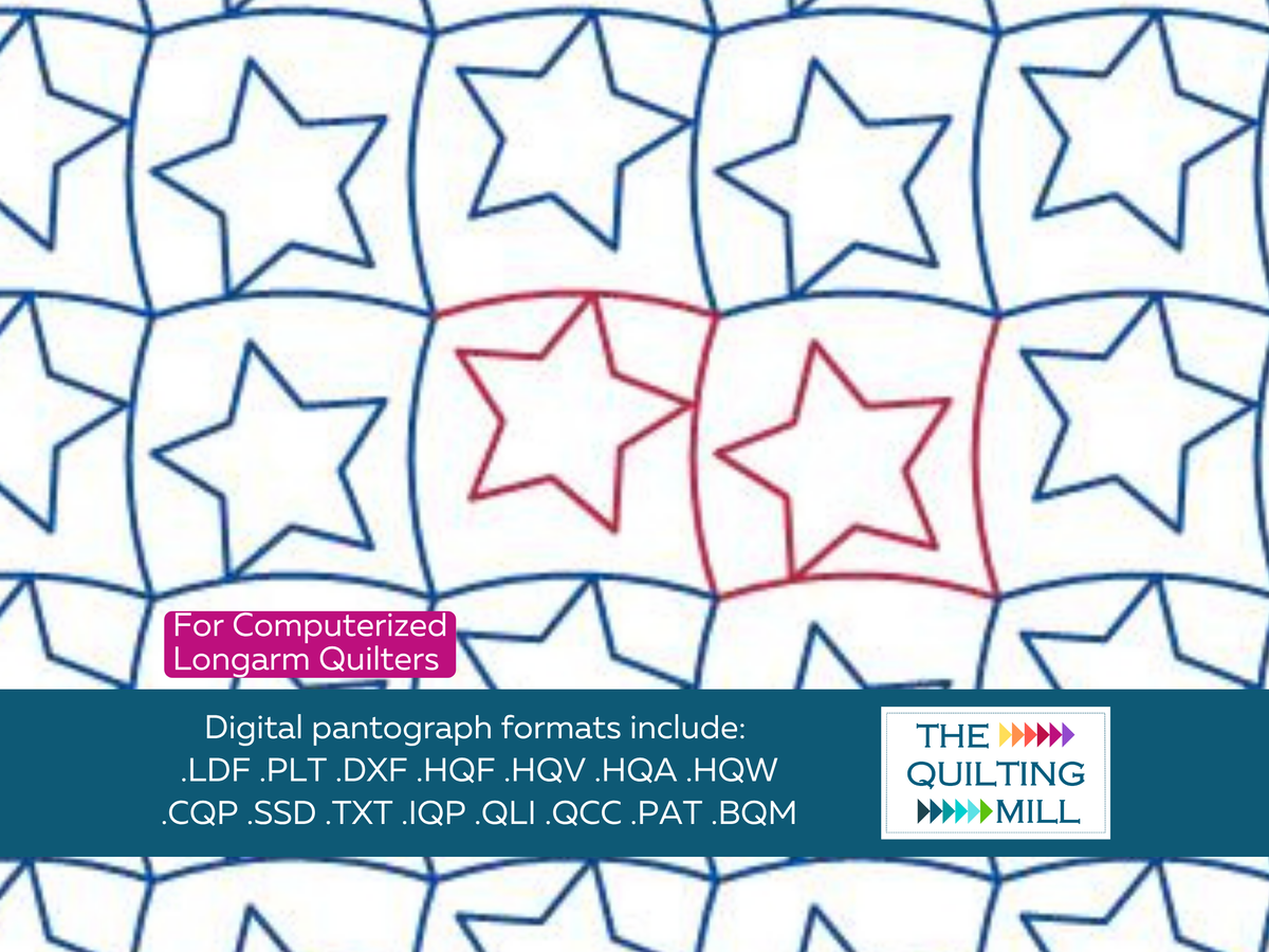 uff Quilt Stars kids quilting pantograph single pattern repeat with The Quilting Mill logo, showing seamless star rows