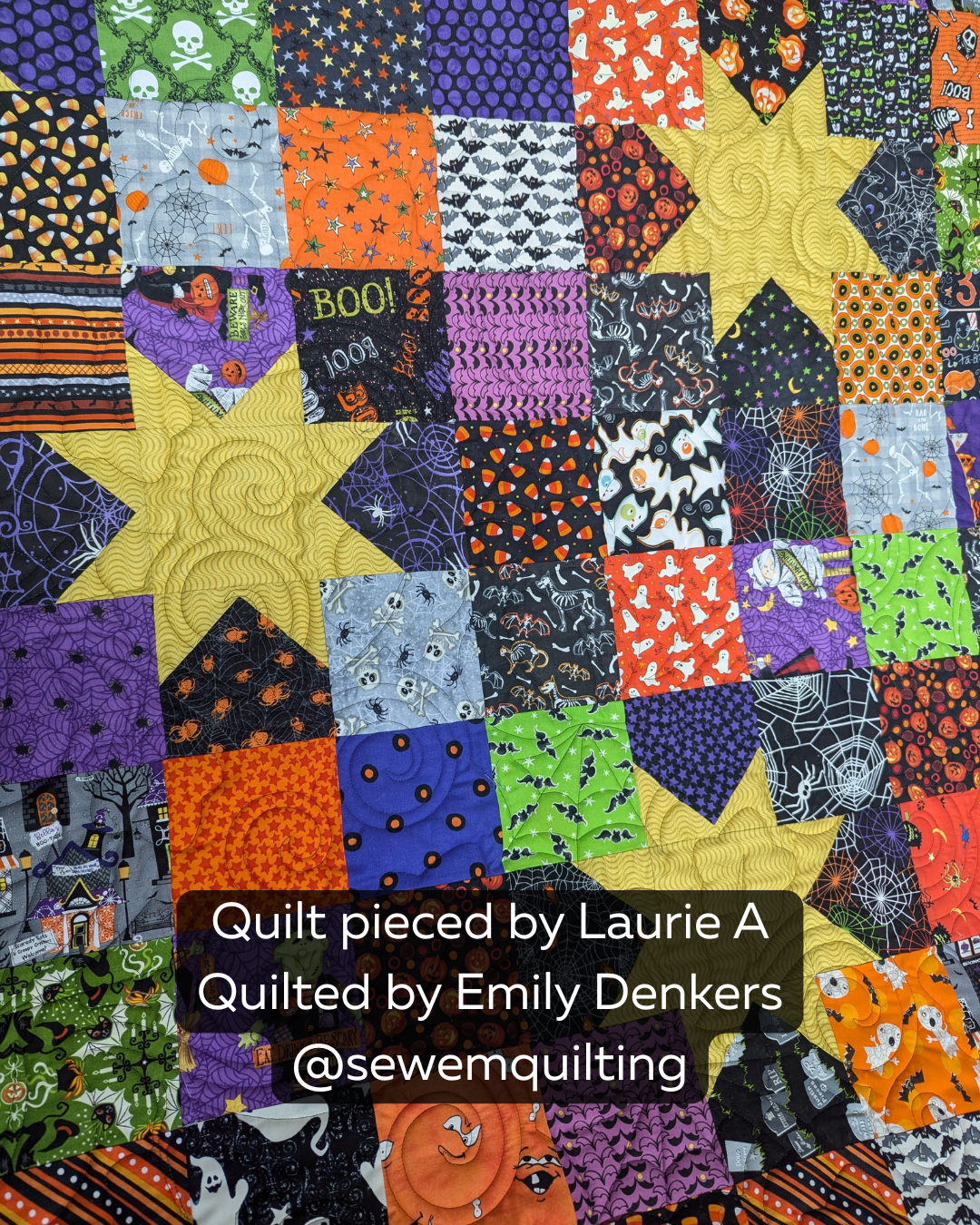 Finished Halloween quilt featuring the Pumpkin Dreams digital quilting pantograph with playful pumpkin, swirl and seasonal motifs