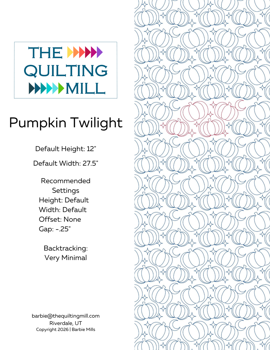 Pumpkin Twilight digital pantograph info sheet with 12 inch height, 27.5 inch width, no offset, -0.25 gap, and minimal backtracking