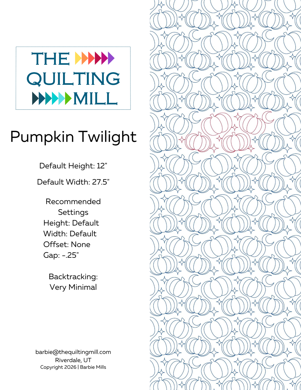 Pumpkin Twilight digital pantograph info sheet with 12 inch height, 27.5 inch width, no offset, -0.25 gap, and minimal backtracking