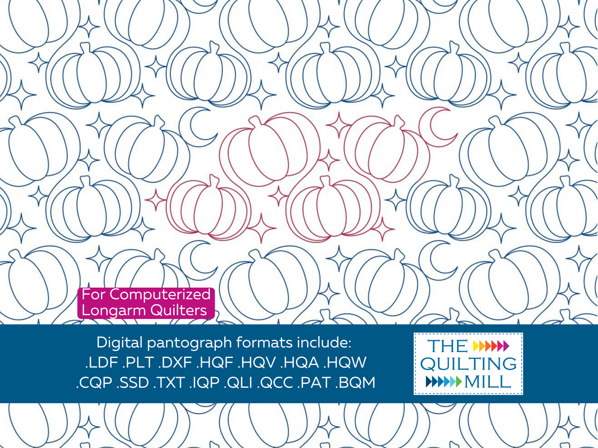 Pumpkin Twilight pantograph pattern repeat with The Quilting Mill logo showing dense allover pumpkins, moons, and stars