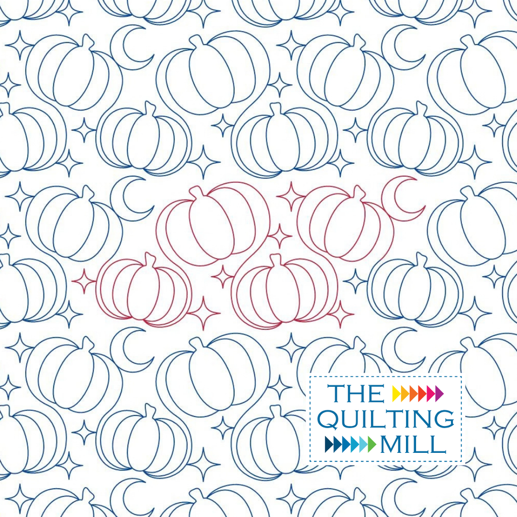 Pumpkin Twilight Halloween pantograph with outlined pumpkins, crescent moons, and sparkle stars, a digital longarm design