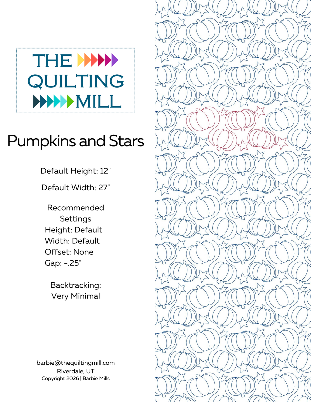 Pumpkins and Stars digital pantograph info sheet with 12 inch height, 27 inch width, no offset, -0.25 gap, and minimal backtracking