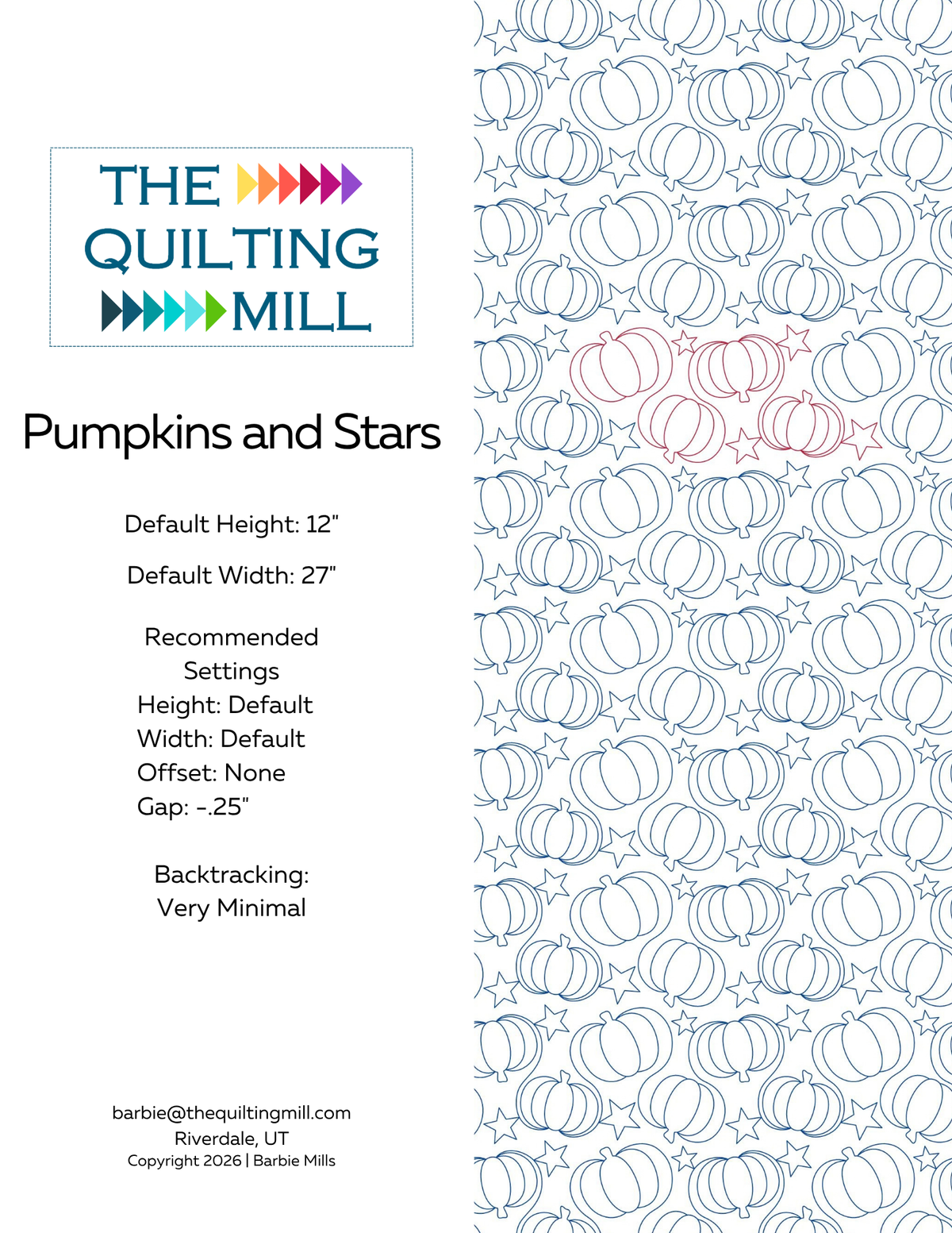 Pumpkins and Stars digital pantograph info sheet with 12 inch height, 27 inch width, no offset, -0.25 gap, and minimal backtracking