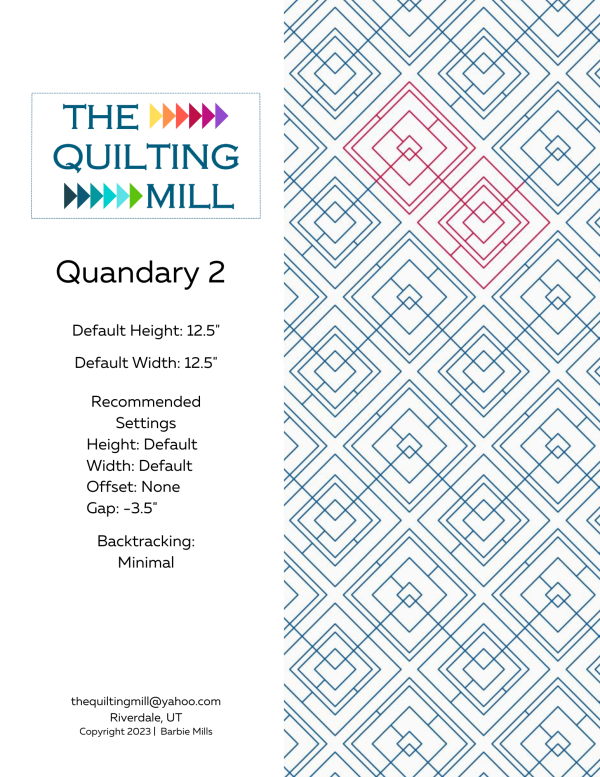Quandary 2 diamond quilting pantograph product info sheet with specifications for digital pantograph longarm quilting machines