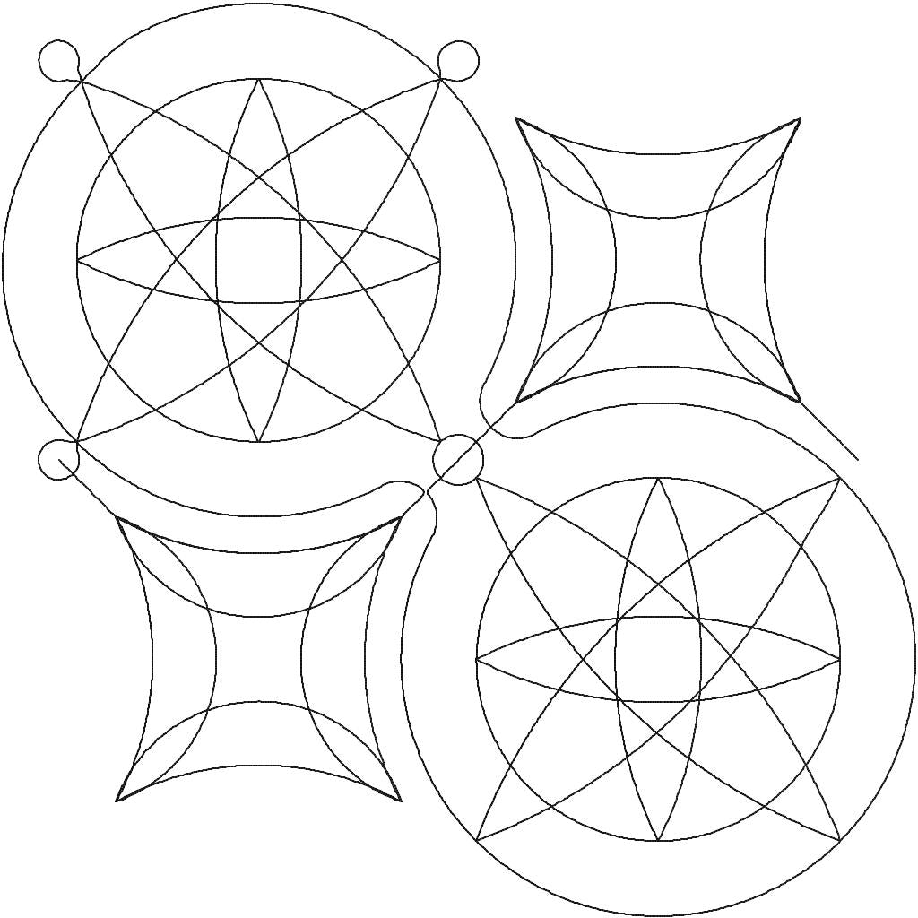 Close-up of Quark geometric quilting pantograph showing detailed star, circle, and curve stitching