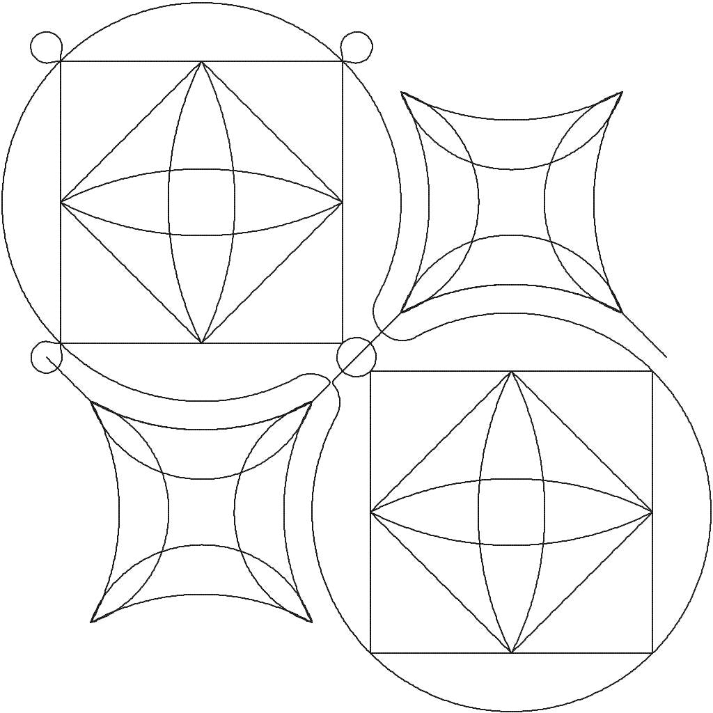 Close-up of Quark 2 geometric quilting pantograph showing detailed square, diamond, and curve stitching