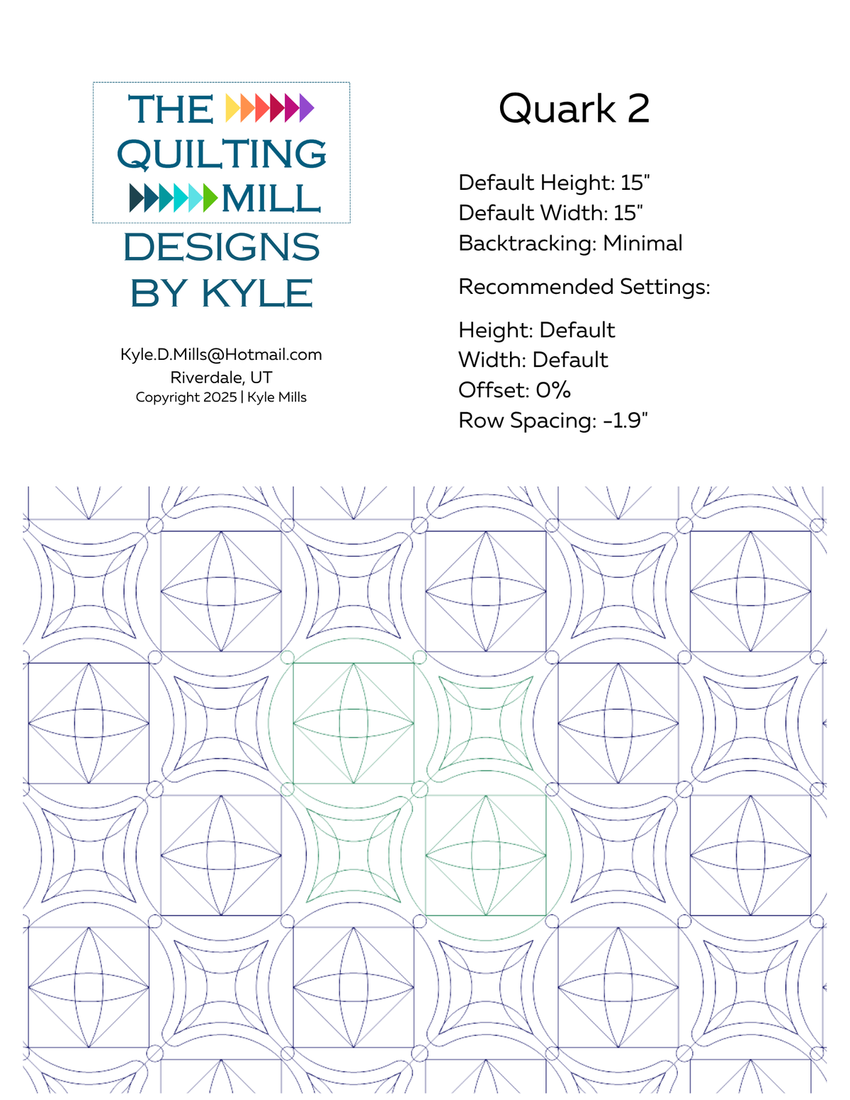 Quark 2 digital pantograph info sheet showing default height, width, offset, and recommended row spacing settings