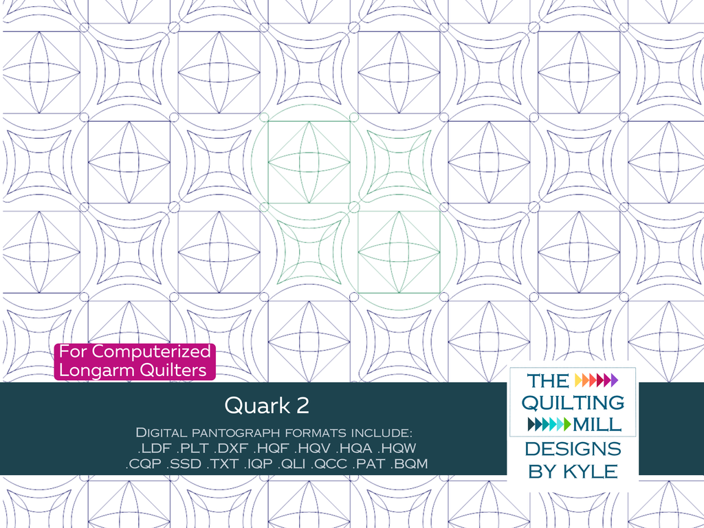 Quark 2 modern geometric quilting pantograph product image with The Quilting Mill logo, showing squares, diamonds, and curved frames