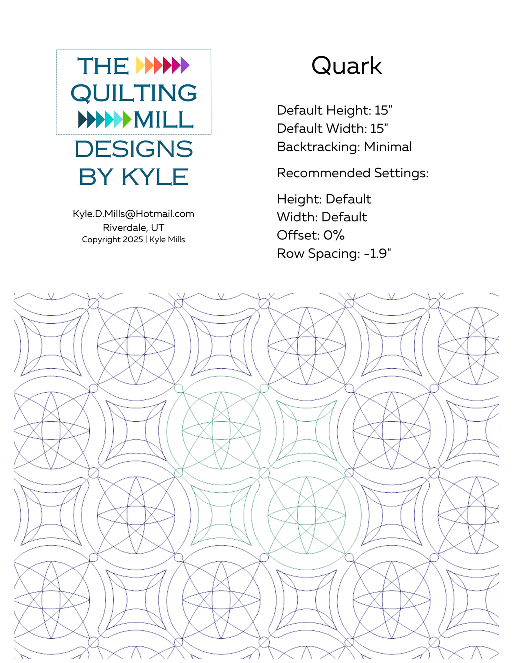 Quark digital pantograph info sheet showing default height, width, offset, and recommended row spacing settings