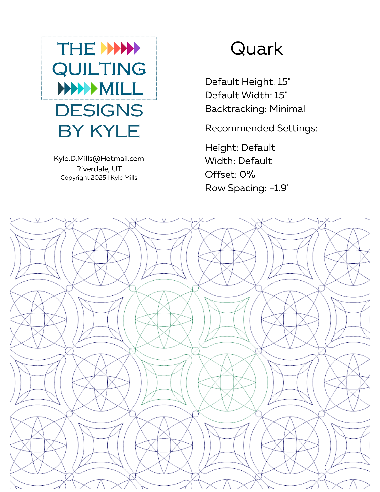 Quark digital pantograph info sheet showing default height, width, offset, and recommended row spacing settings