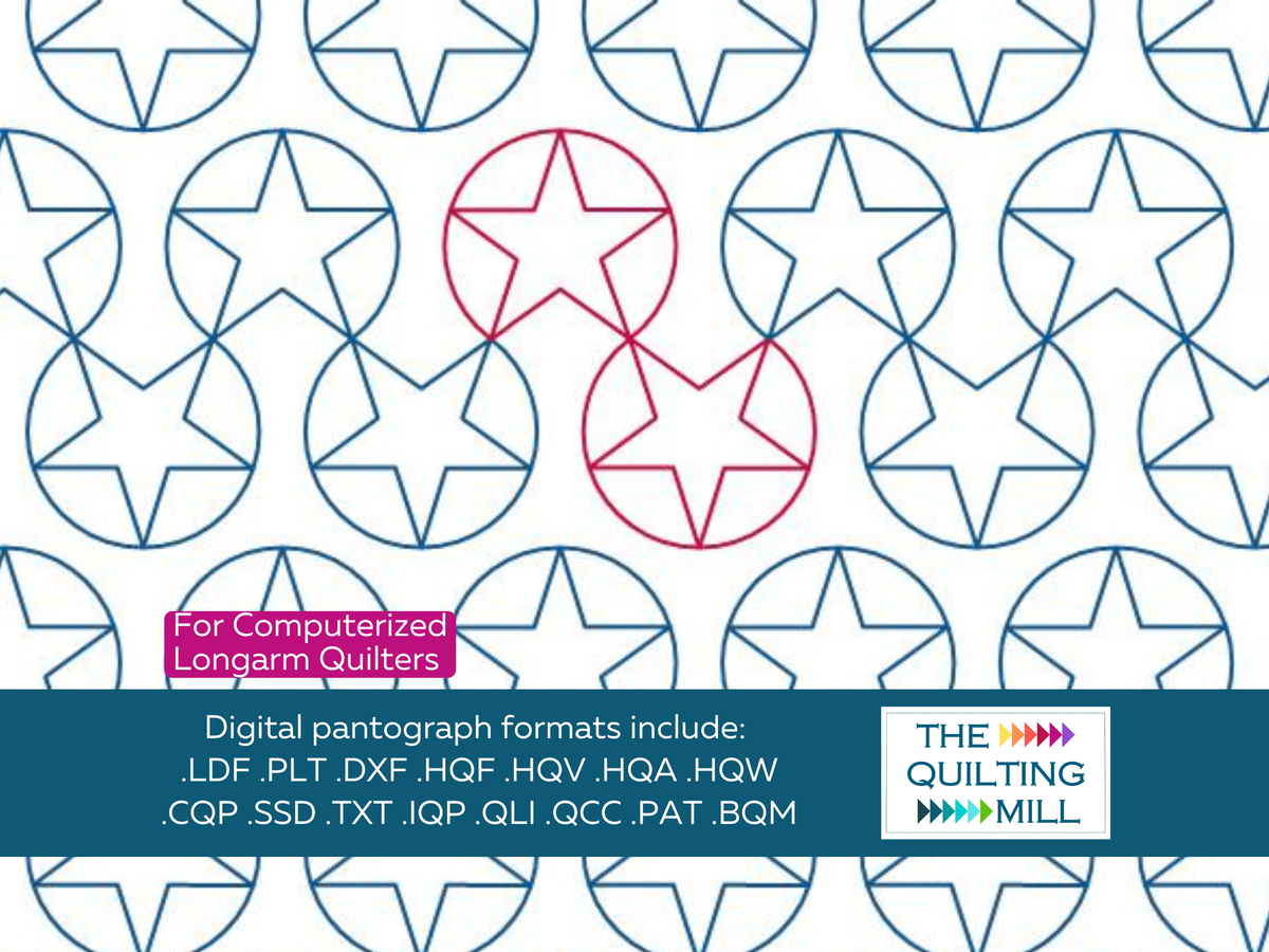 Ribbon Star digital pantograph pattern with one star-and-circle repeat highlighted in pink, with The Quilting Mill logo