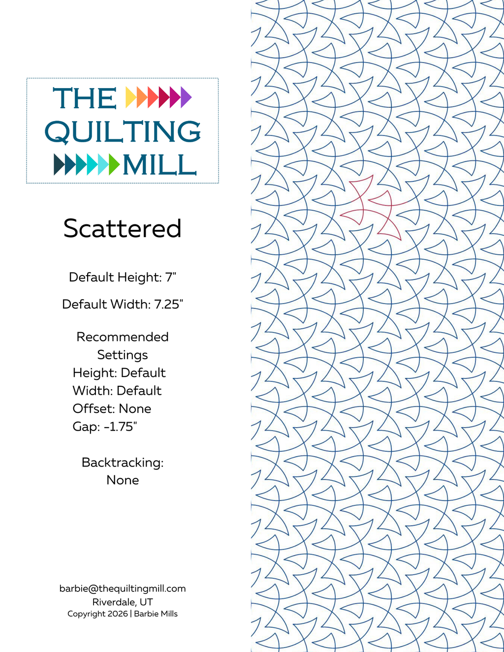 Scattered digital quilting pantograph info sheet – specs and settings for digital pantographs for longarm quilting