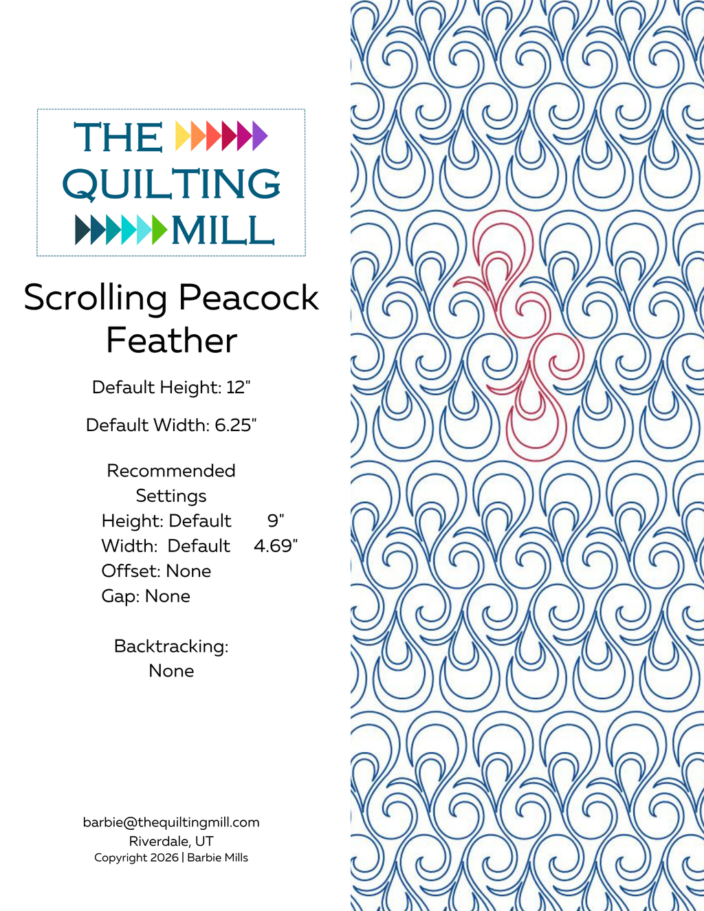 Scrolling Peacock Feather digital pantograph info sheet with default size, recommended settings, and no backtracking