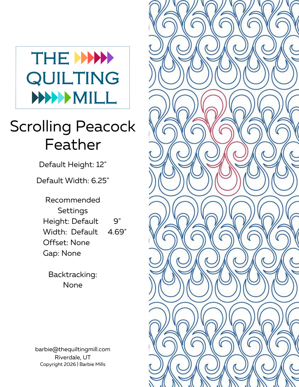 Scrolling Peacock Feather digital pantograph info sheet with default size, recommended settings, and no backtracking