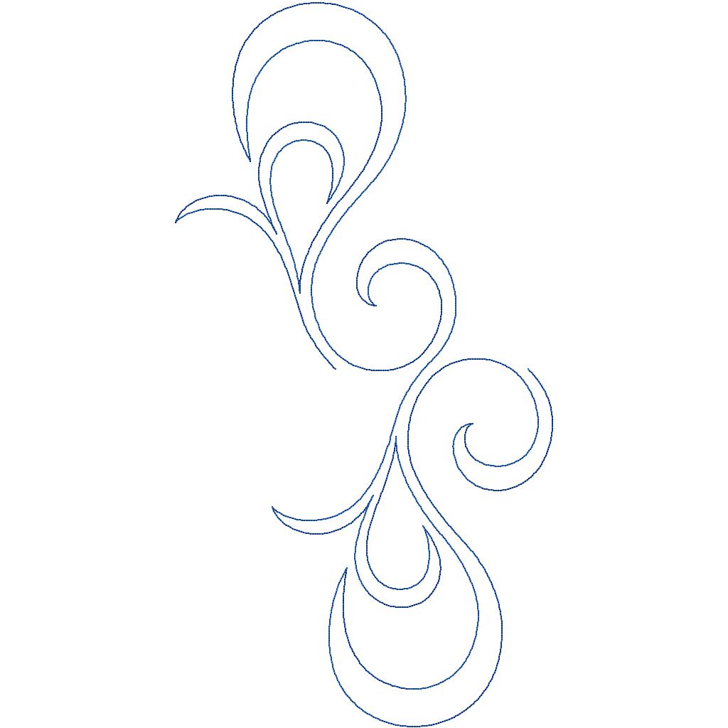 Close-up of Scrolling Peacock Feather quilting pantograph showing curled feather and spiral scroll stitching detail