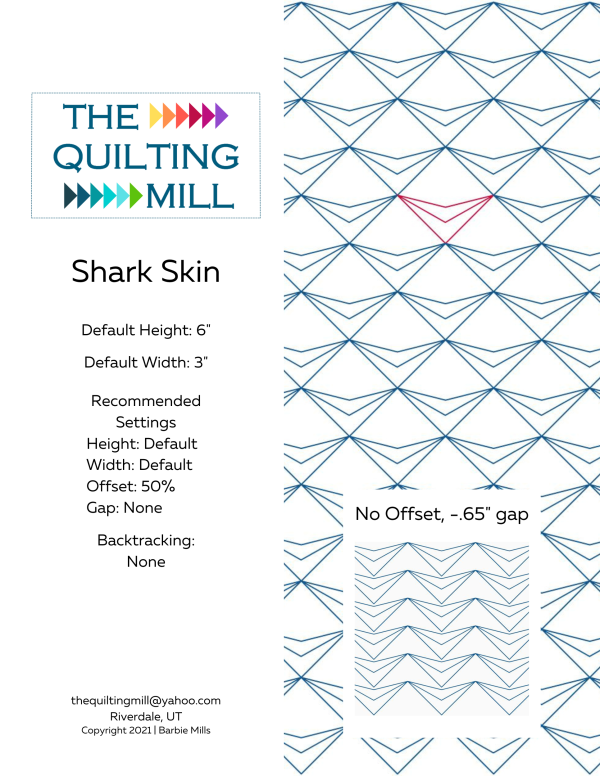 Shark Skin geometric quilting pantograph info sheet with file formats and specifications for digital pantographs and longarm quilting machines
