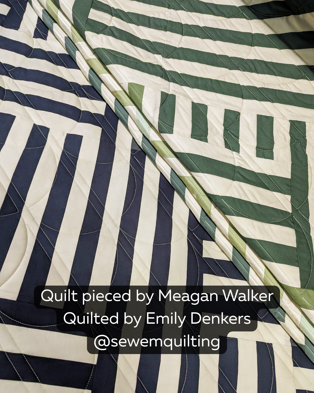 Green, navy, and cream striped quilt stitched with the Sideways Clam 1 pantograph quilting pattern