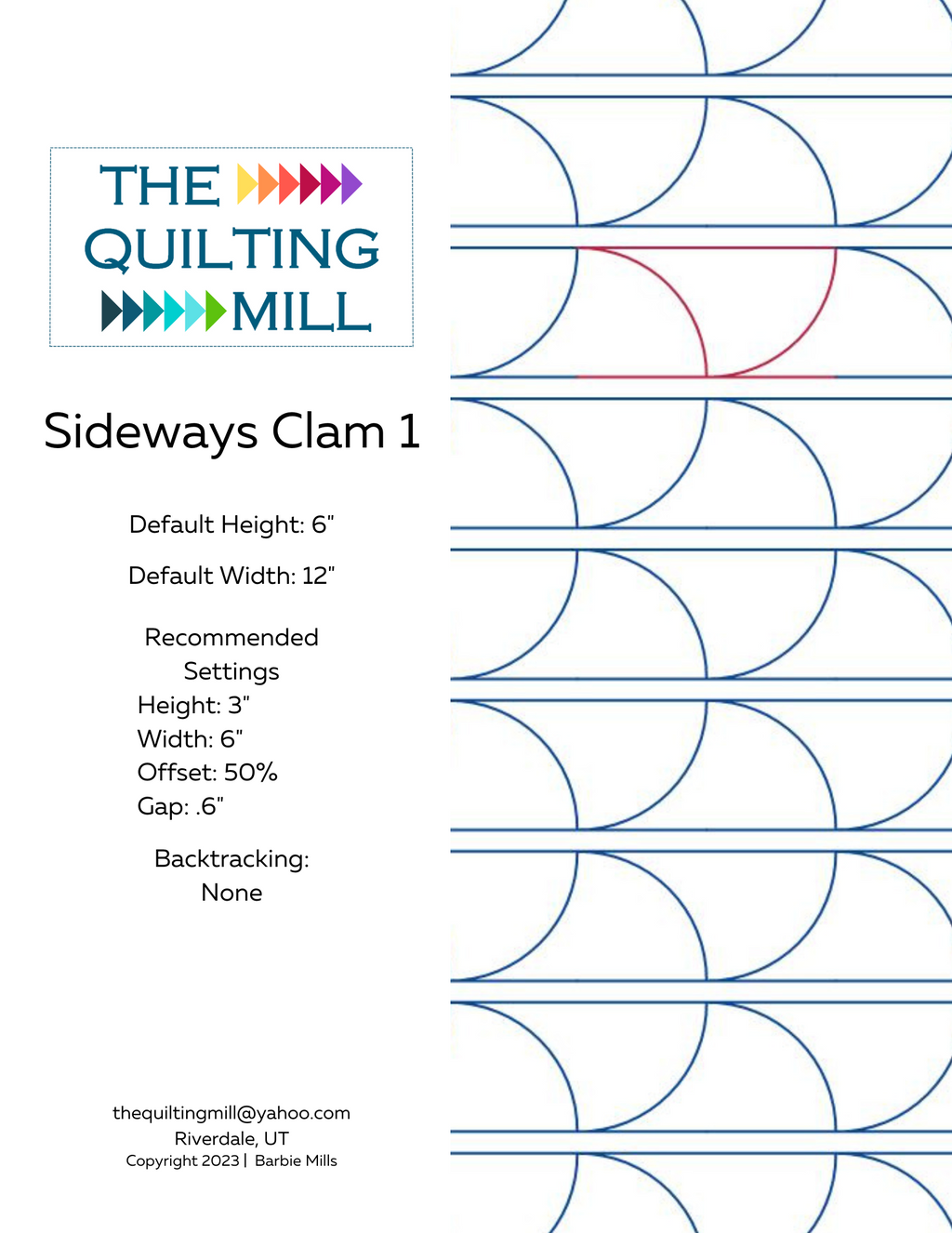 Sideways Clam quilting pantograph information sheet
