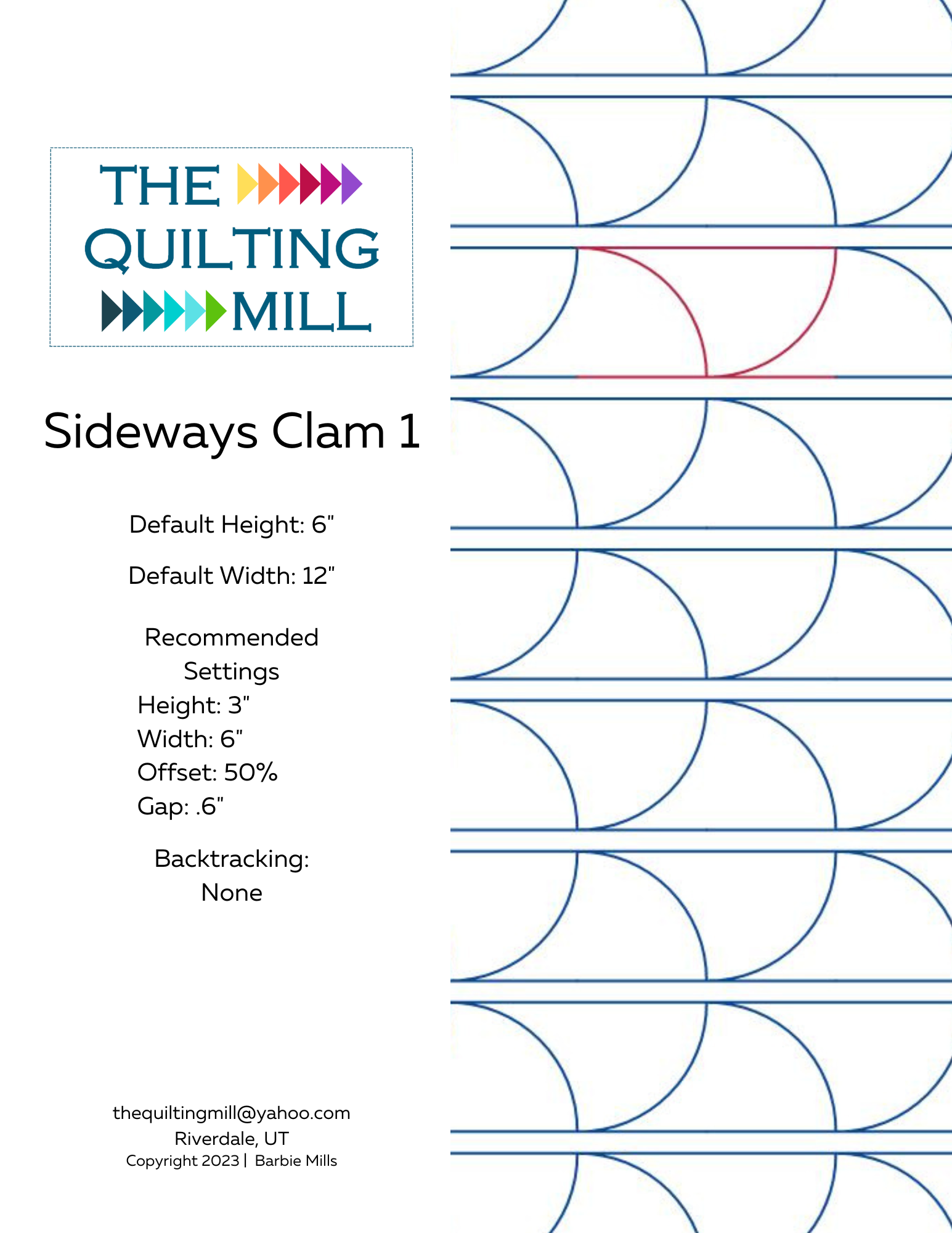 Sideways Clam quilting pantograph information sheet