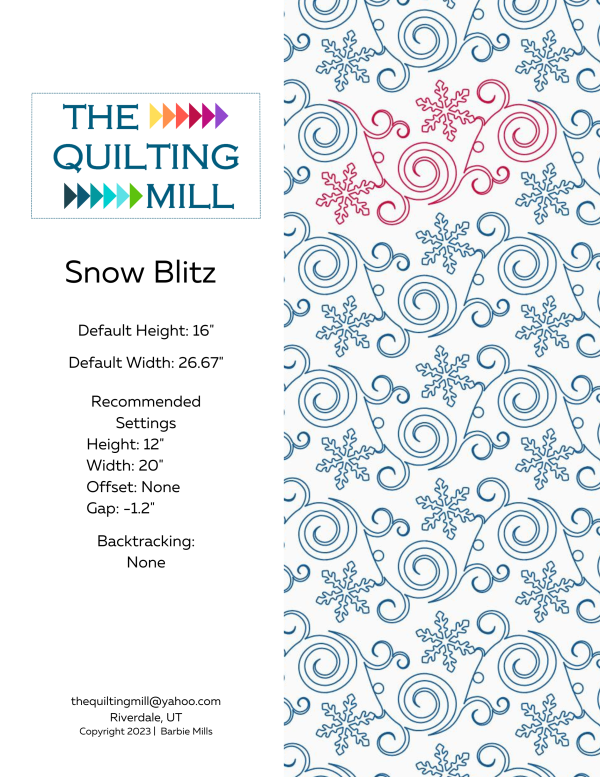 Snow Blitz holiday digital pantograph info sheet – specs and settings for digital pantographs for longarm quilting machines