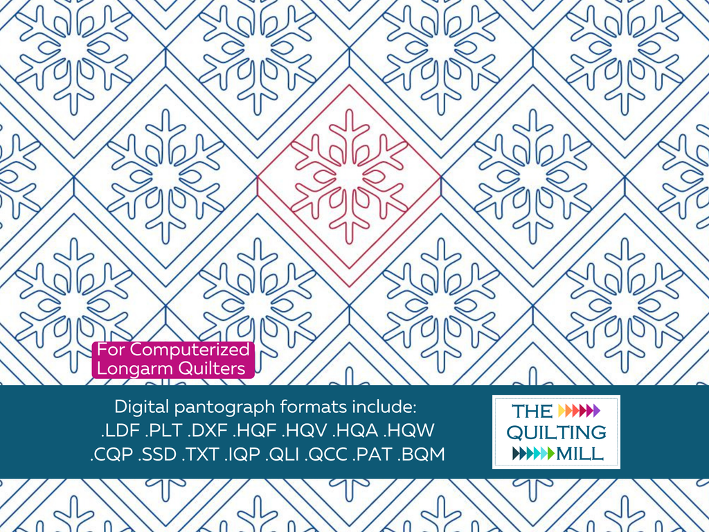 Snowflake Tiles quilting pantograph pattern repeat with The Quilting Mill logo, showing the offset tile layout