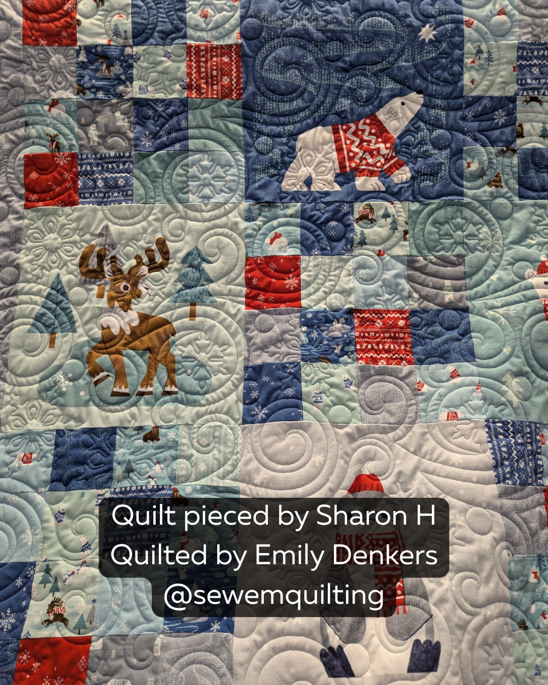 Blue winter quilt stitched with the Snowy Dreams Christmas longarm digital pantograph