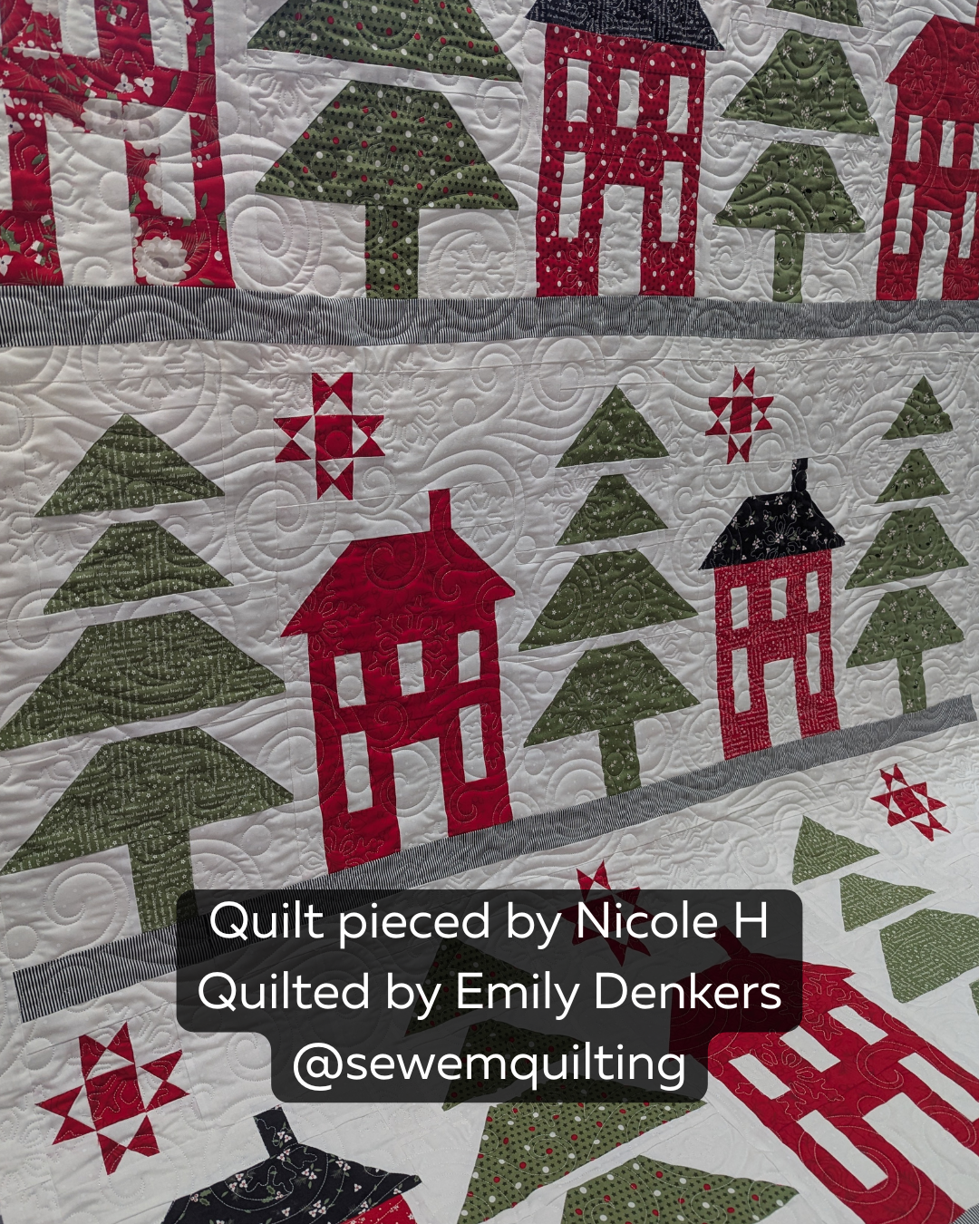 Snowy Dreams Christmas quilting pattern with swirling snowflakes across a festive house and tree quilt