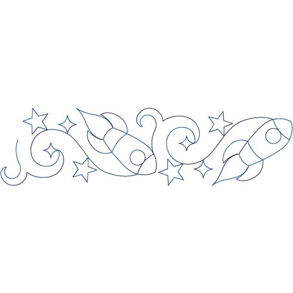 Close-up of Space Explorer rocket quilting pantograph showing zooming rocket shapes, twinkling stars, and flowing swirl trail detail
