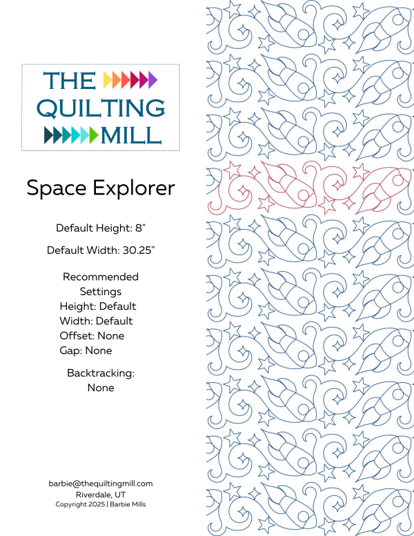 Space Explorer rocket quilting pantograph info sheet – specs and settings for digital space pantographs for longarm quilting machines