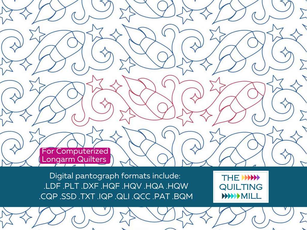 Space Explorer rocket quilting pantograph by The Quilting Mill – rockets stars and swirling trails digital longarm kids' quilt design