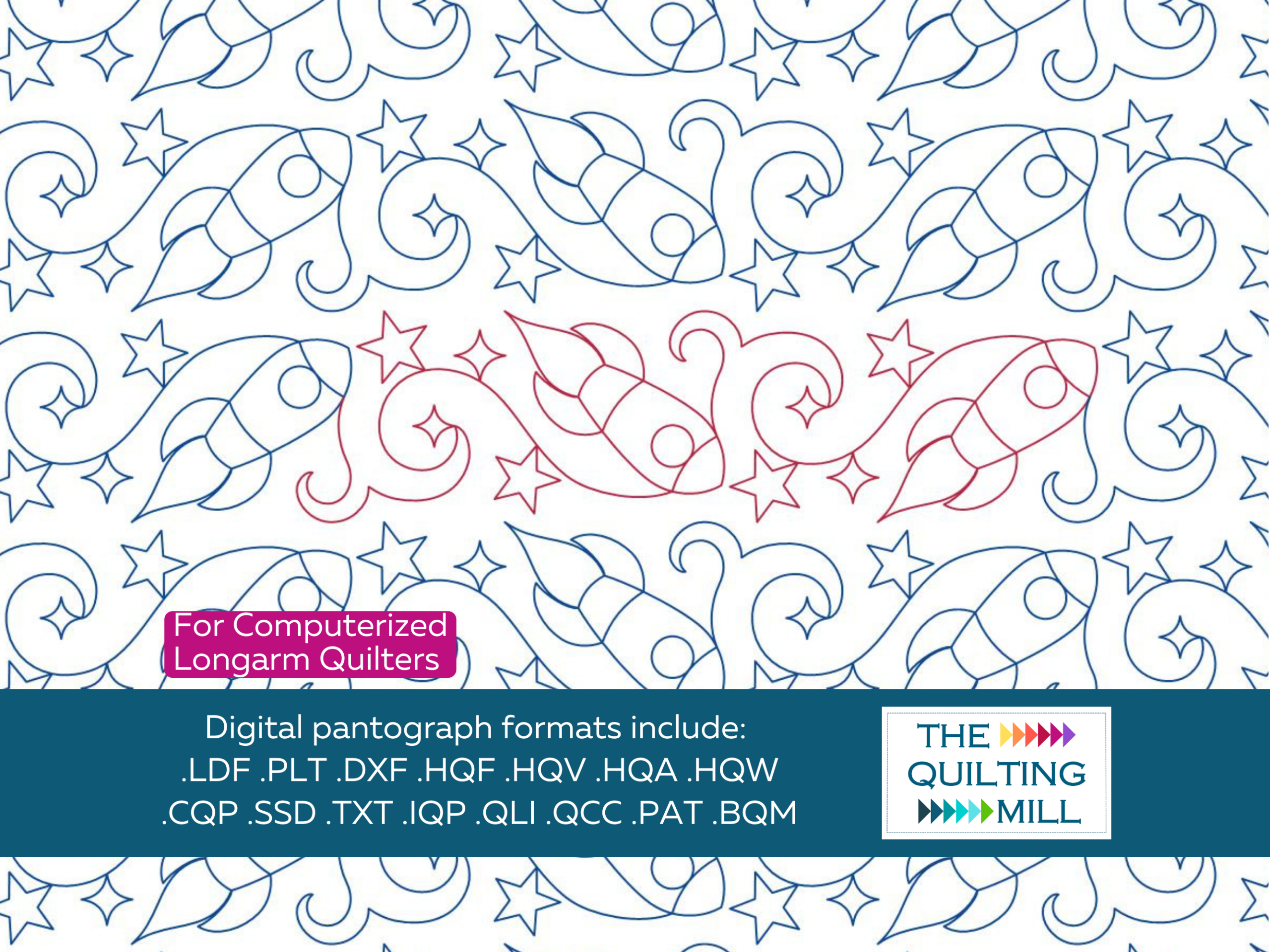 Space Explorer rocket quilting pantograph by The Quilting Mill – rockets stars and swirling trails digital longarm kids' quilt design