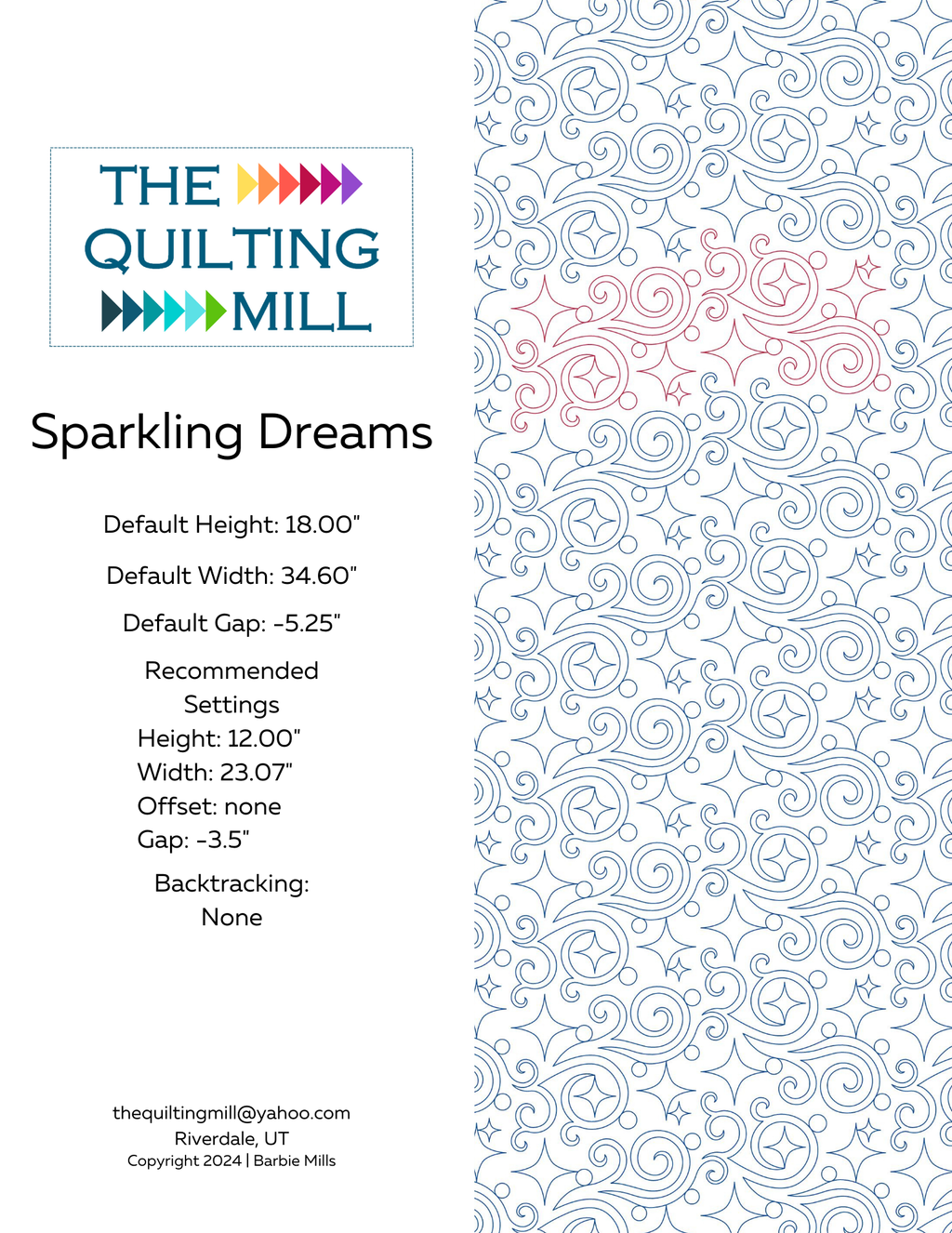 Sparkling Dreams star swirl pantograph info sheet – specs and settings for digital star pantographs for longarm quilting machines