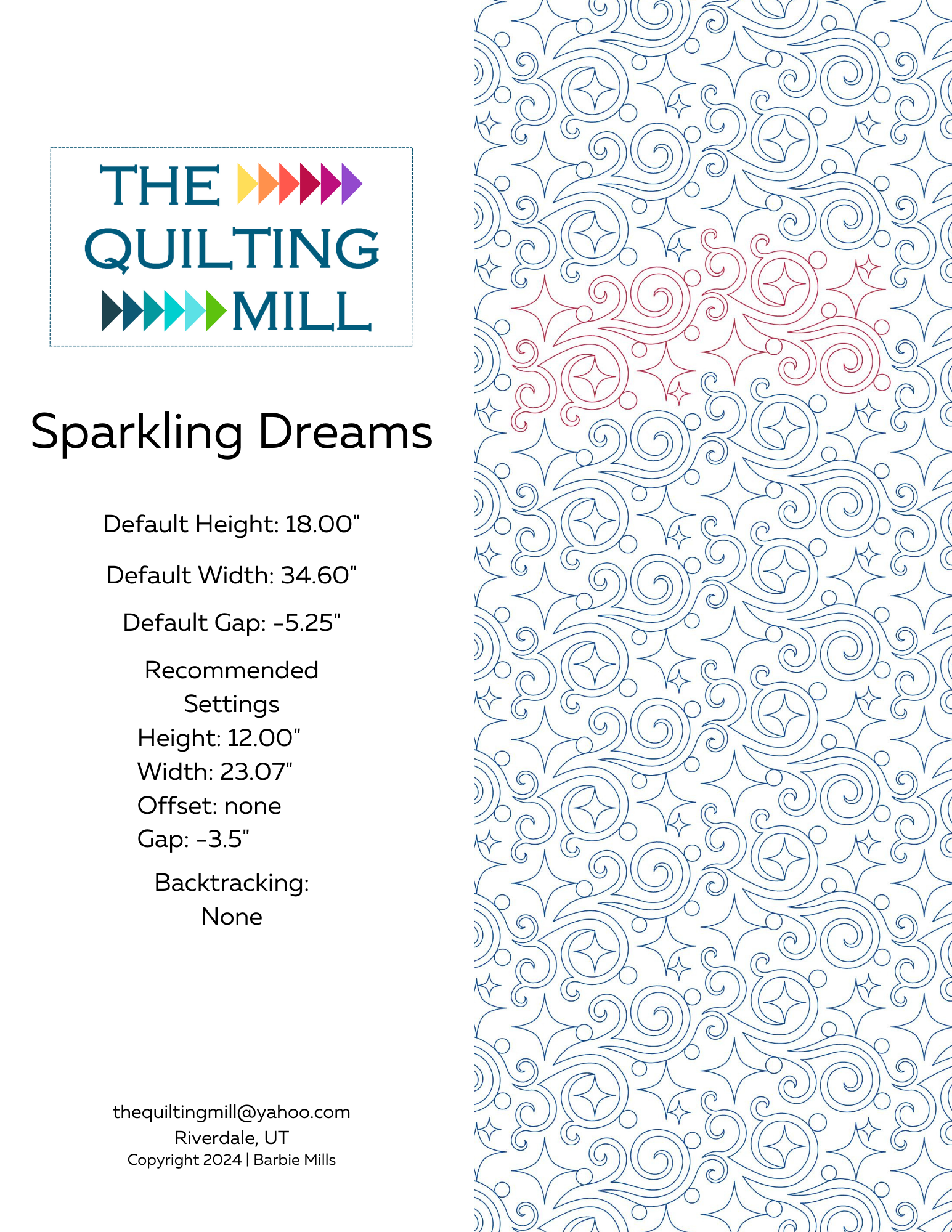 Sparkling Dreams star swirl pantograph info sheet – specs and settings for digital star pantographs for longarm quilting machines