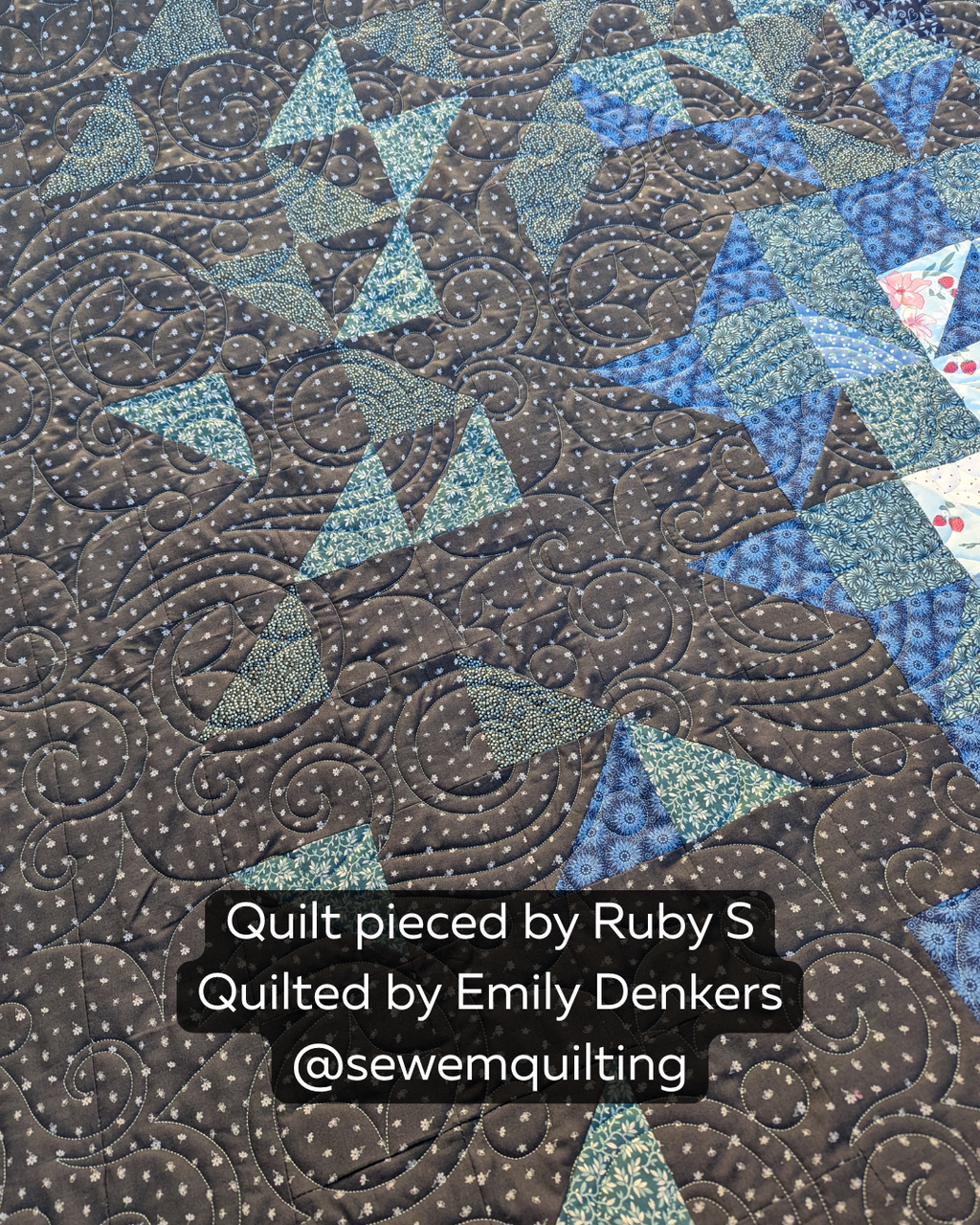 Sparkling Dreams digital longarm pantograph with twinkling stars and flowing swirls on a geometric quilt