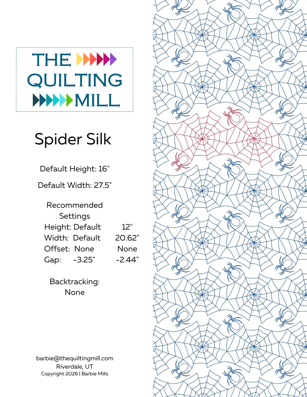 Spider Silk digital pantograph info sheet with 16 inch height, 27.5 inch width, no offset, -3.25 gap, and no backtracking