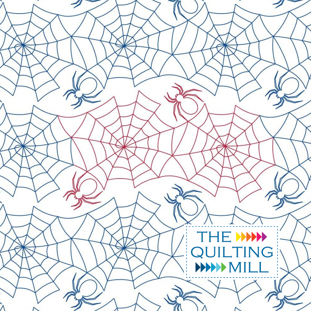 Spider Silk Halloween quilting pattern with detailed spider webs and crawling spiders, a digital longarm pantograph