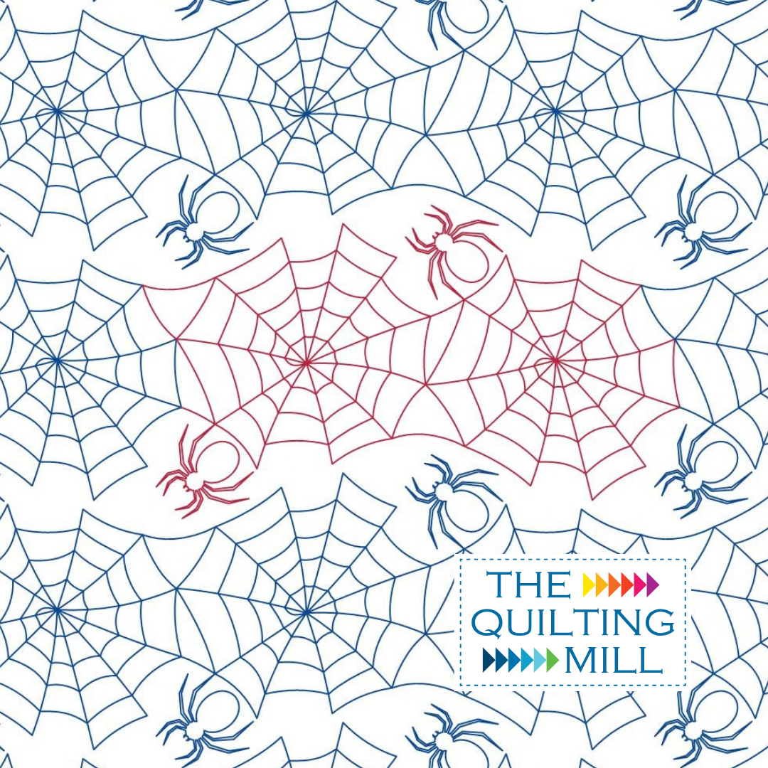 Spider Silk Halloween quilting pattern with detailed spider webs and crawling spiders, a digital longarm pantograph