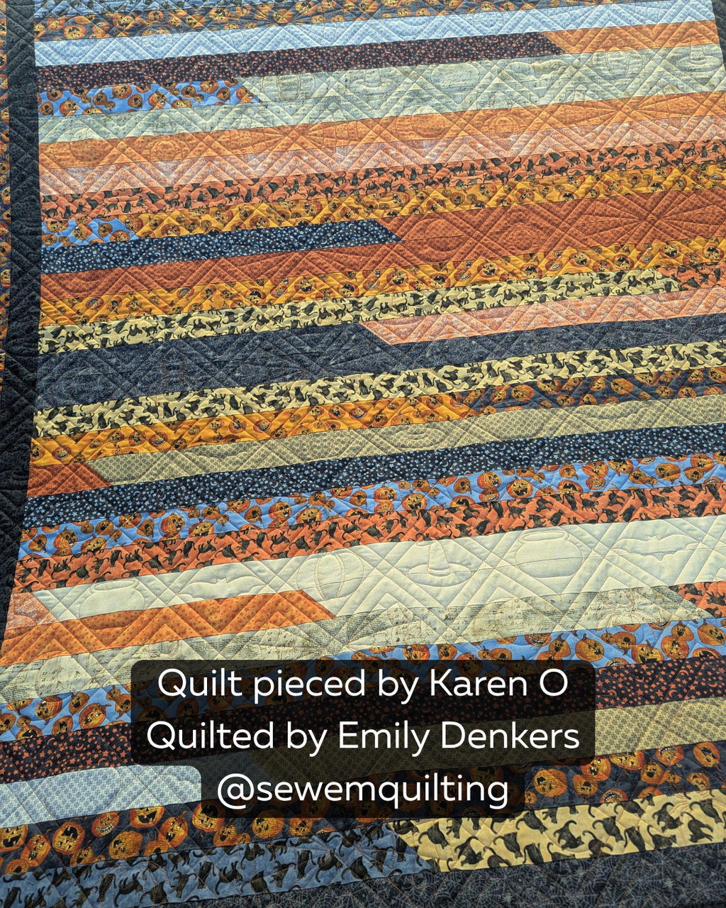 Halloween strip quilt stitched with the Spooky Plaid digital Halloween pantograph design